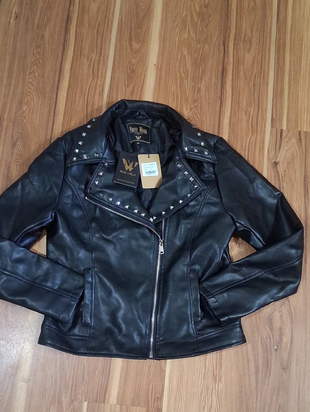 White Mark Women's Black Studded Faux Leather Moto Jacket